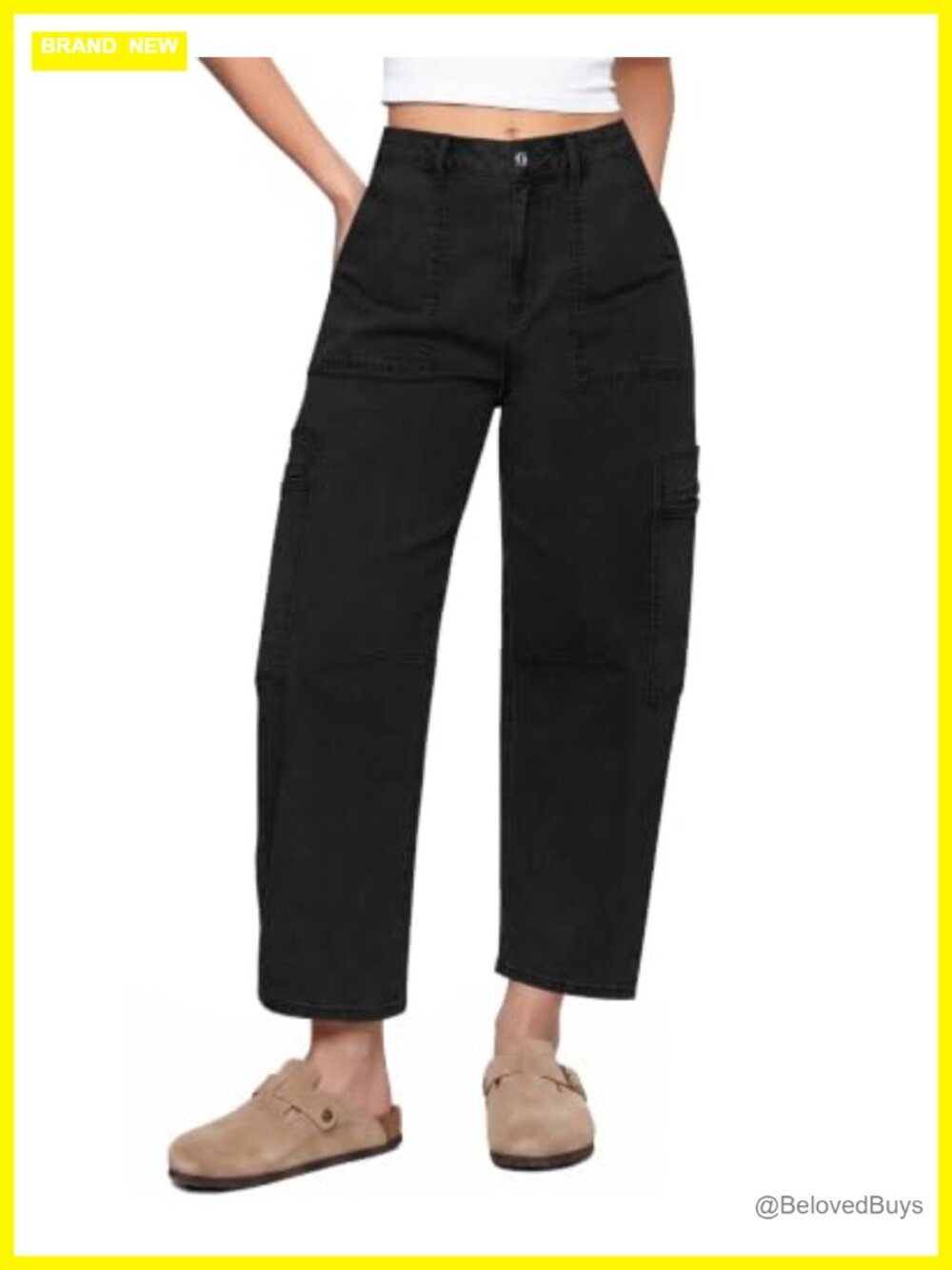 High Waisted Cropped Cargo Pocket Baggy Stretch Denim Wide Leg Tapered Jeans
